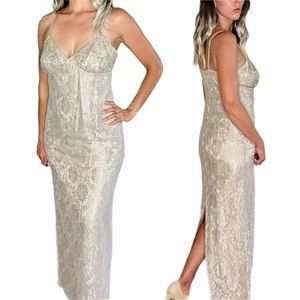 Vintage 90’s Metallic Nude/Beige Lace and Hand Beaded Prom Evening Dress